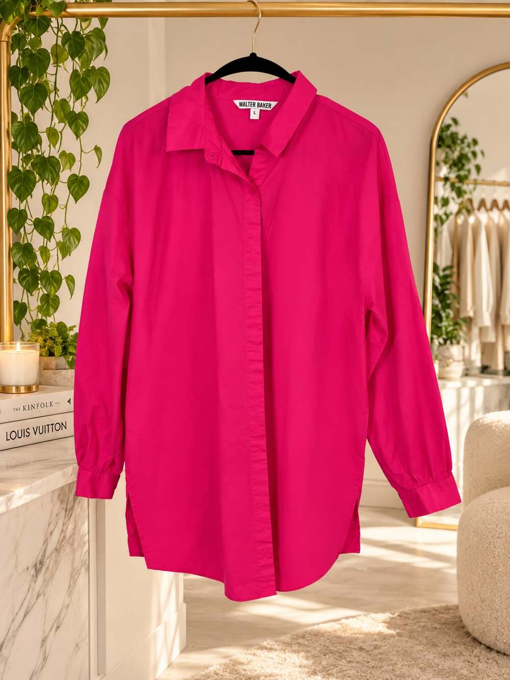Walter Baker Button-Down Shirt Size L Hot Pink Oversized Poplin Blouse